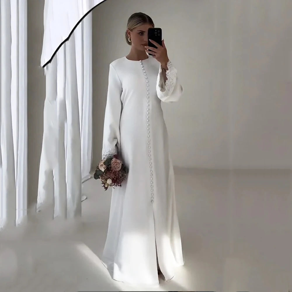 Modest Wedding Dresses 2026 Luxury Slit Buttons Bridal Dress Customized Lace Long Sleeve Arab Bride Dress White Wedding Gowns