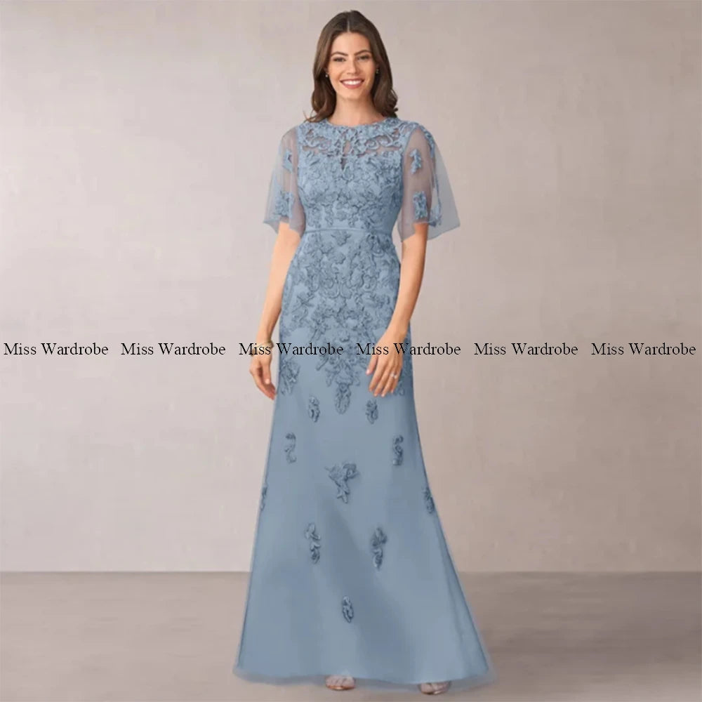 Mother Of The Bride Blue Dresses Floor Length Tulle Applique Short Sleeve Long For Weddings Formal Party Gown Elegant Customze