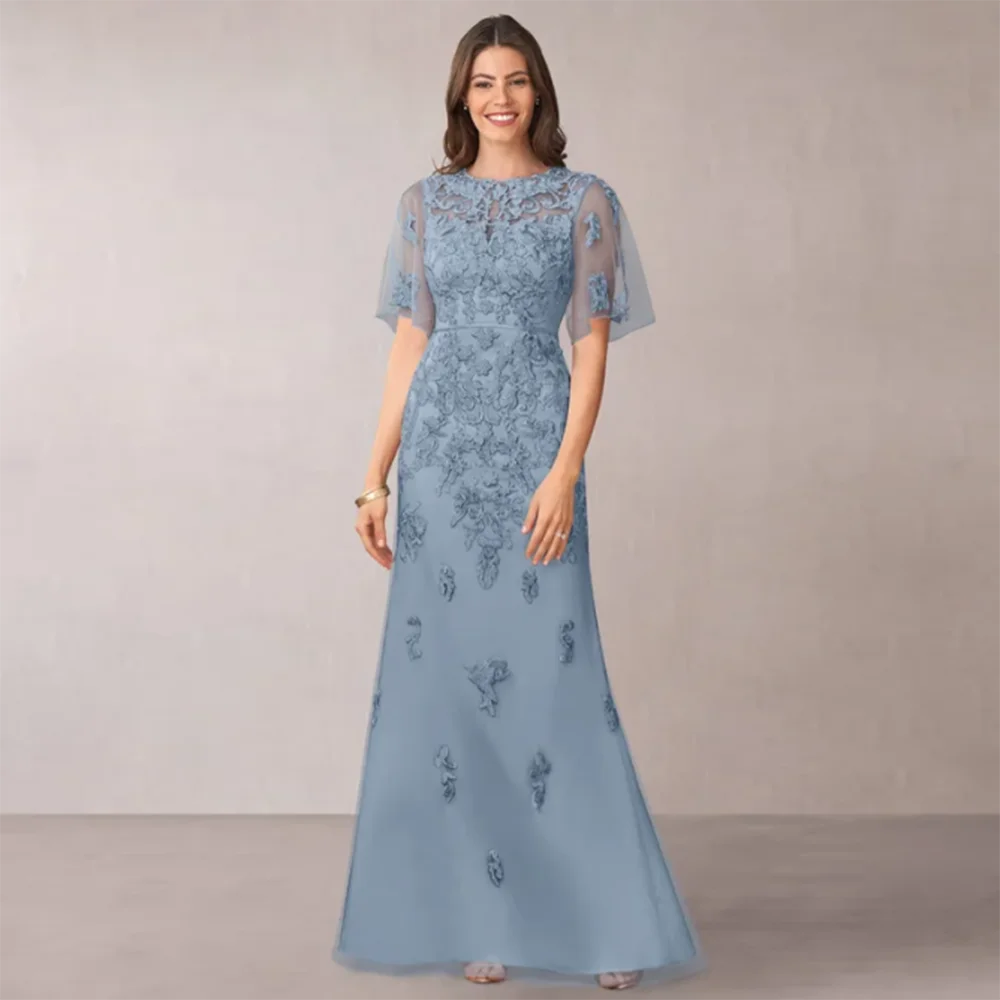 Mother Of The Bride Blue Dresses Floor Length Tulle Applique Short Sleeve Long For Weddings Formal Party Gown Elegant Customze
