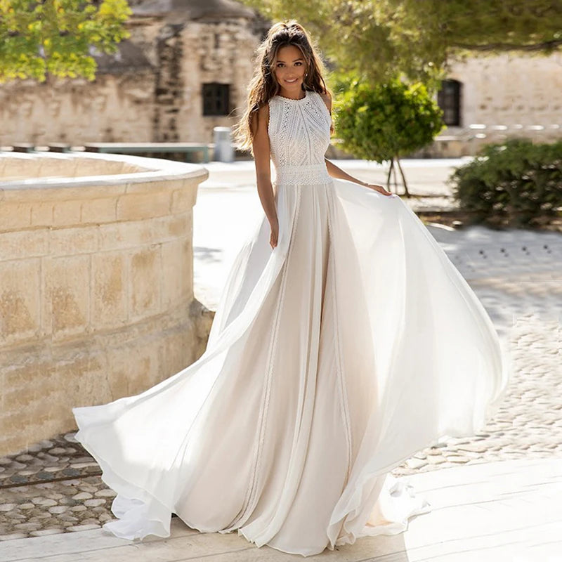 Latest Boho Wedding Dresses Lace Jewel Sleeveless Beach Bridal Gowns Chiffon Plus Size Bride Dresses 2024 Customized On Sale