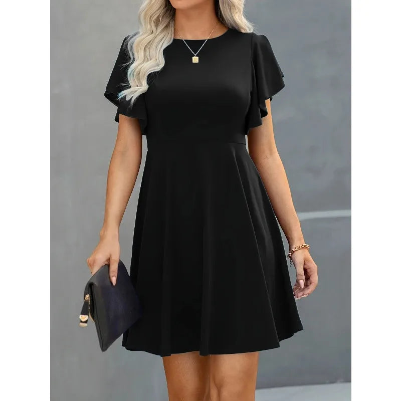 Plus Size Elegant Cocktail Women's Party Dresses Spring Summer Floral Ruffle Sleeve Crew Neck High Waist Flowy A Line Mini Dress