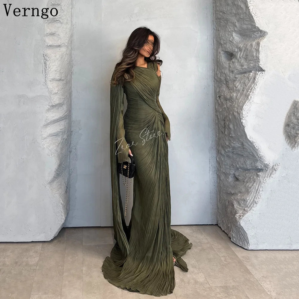 Verngo Green Shiny Formal Evening Dress O Neck Full Sleeves Formal Occasion Elegant Pleat Arabic Prom Gowns Customized