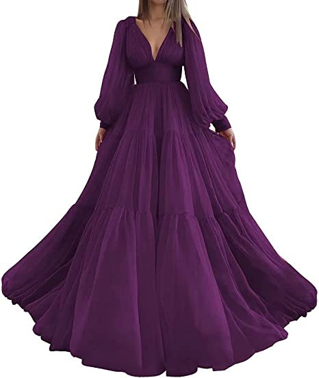 Bridalaffair Pleat Tulle Princess Prom Gown V-Neck Long Puff Sleeve Plus Size Evening Gown Elegant Dress Women for Wedding Party