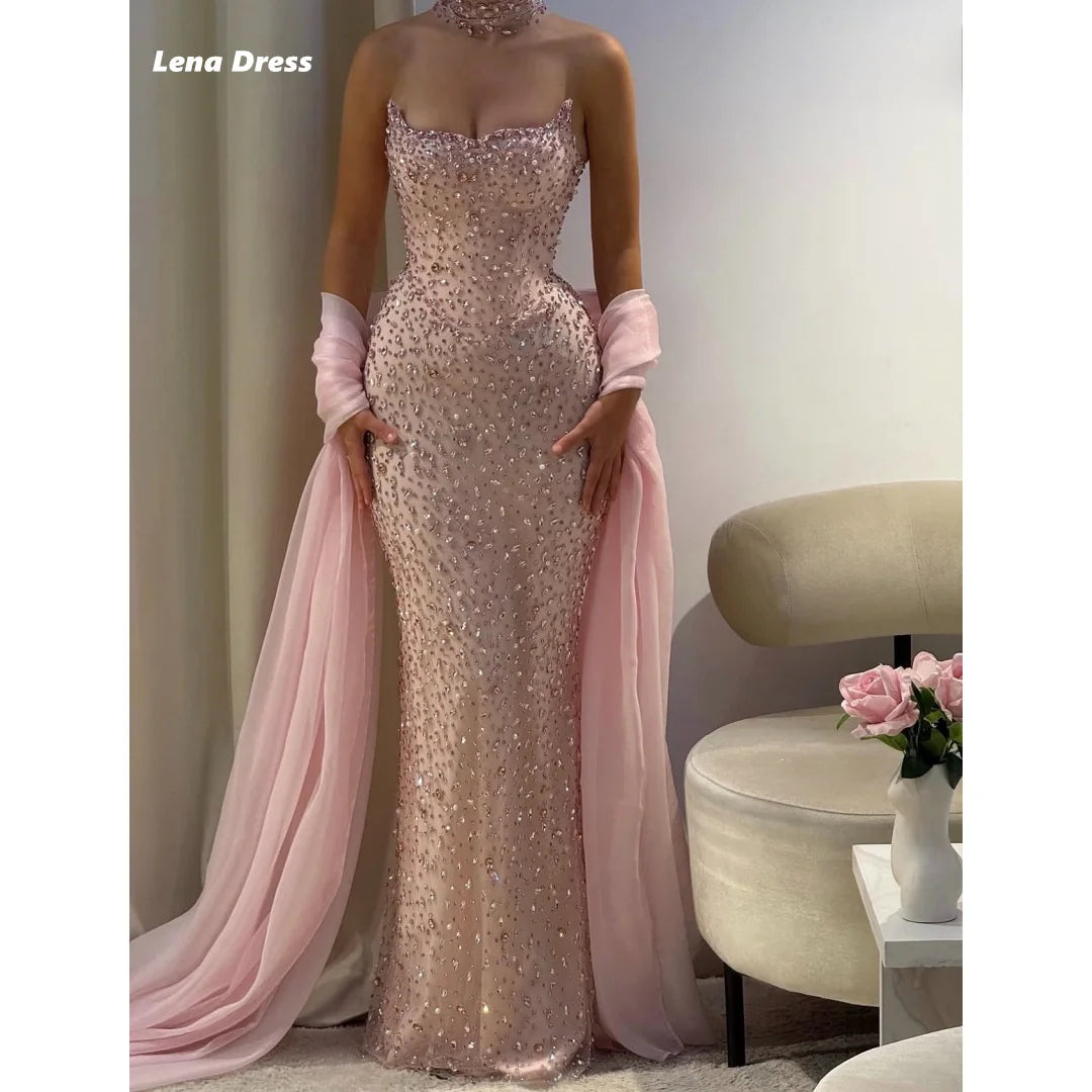Lena Customized Woman Party Dresses for Special Occasions Rhinestones Elegant Long Dress Pink Shiny Prom Gown Fish Tail Evening