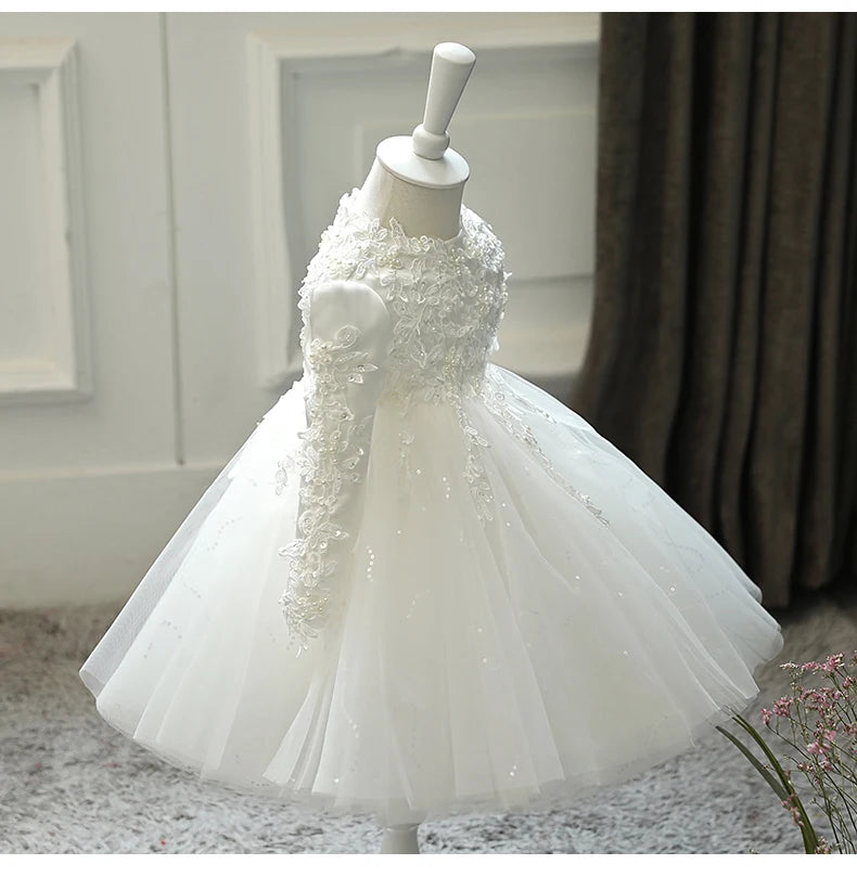 Baby Girl Wedding Dress Long Sleeve Newborn Girls Christmas Princess Gowns Beads Lace Infant Kids 1 Year Birthday Baptism Dress
