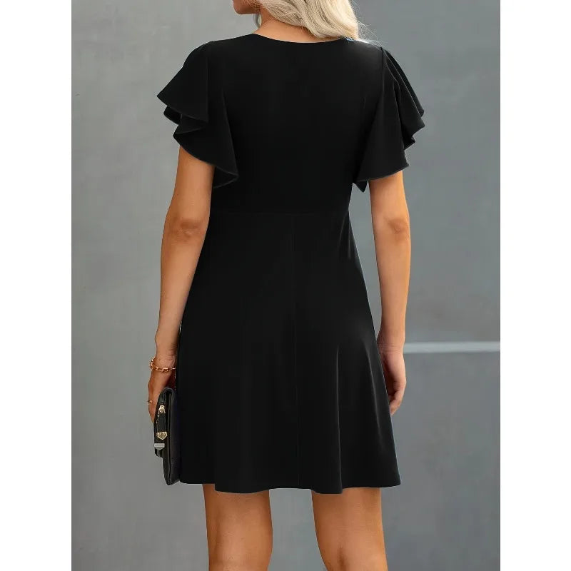 Plus Size Elegant Cocktail Women's Party Dresses Spring Summer Floral Ruffle Sleeve Crew Neck High Waist Flowy A Line Mini Dress