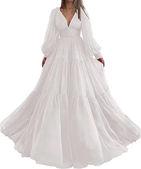 Bridalaffair Pleat Tulle Princess Prom Gown V-Neck Long Puff Sleeve Plus Size Evening Gown Elegant Dress Women for Wedding Party