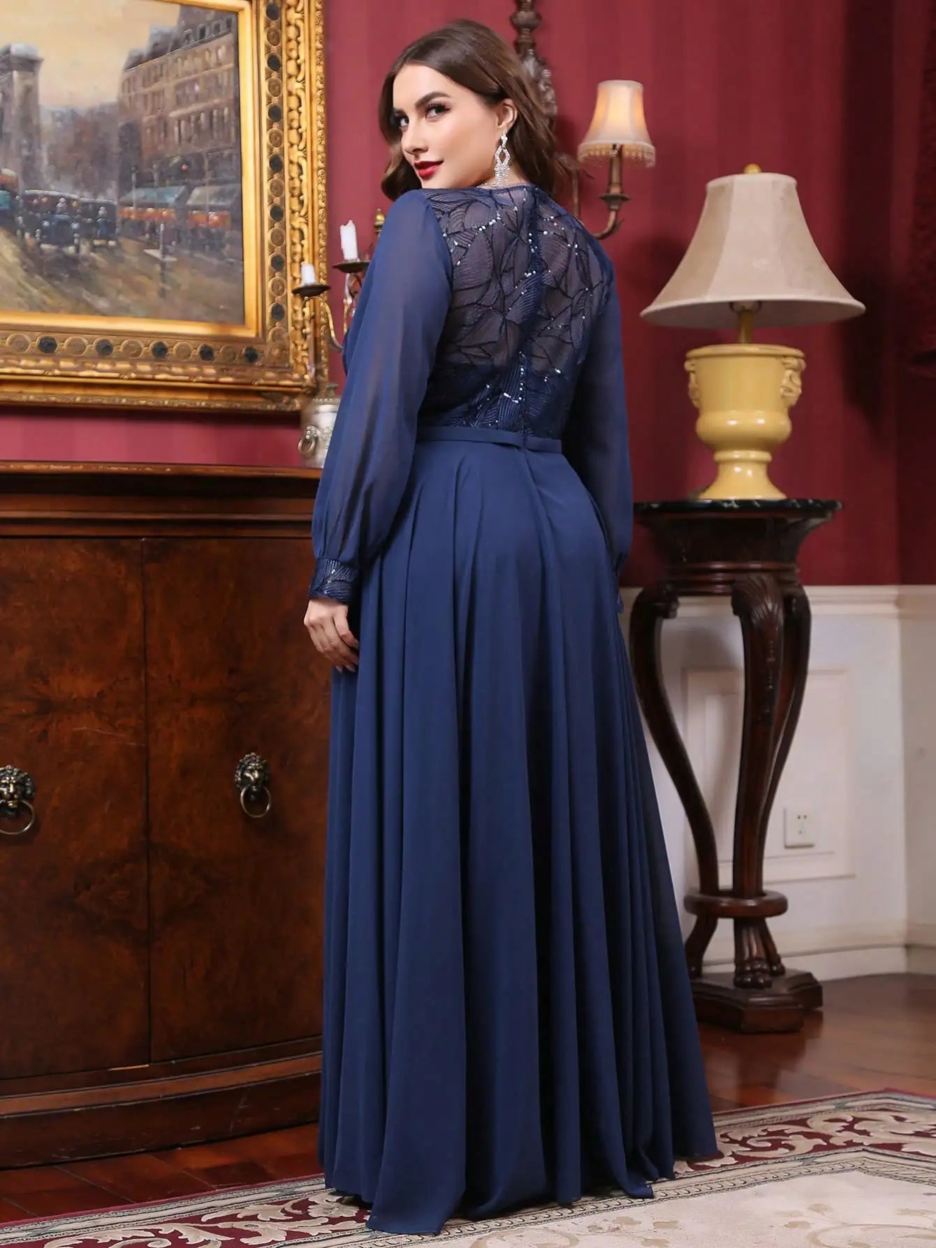 Mgiacy plus size  Round neck see-through sequin embroidery patchwork lantern long sleeve chiffon full skirt Evening gown