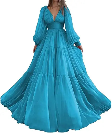 Bridalaffair Pleat Tulle Princess Prom Gown V-Neck Long Puff Sleeve Plus Size Evening Gown Elegant Dress Women for Wedding Party