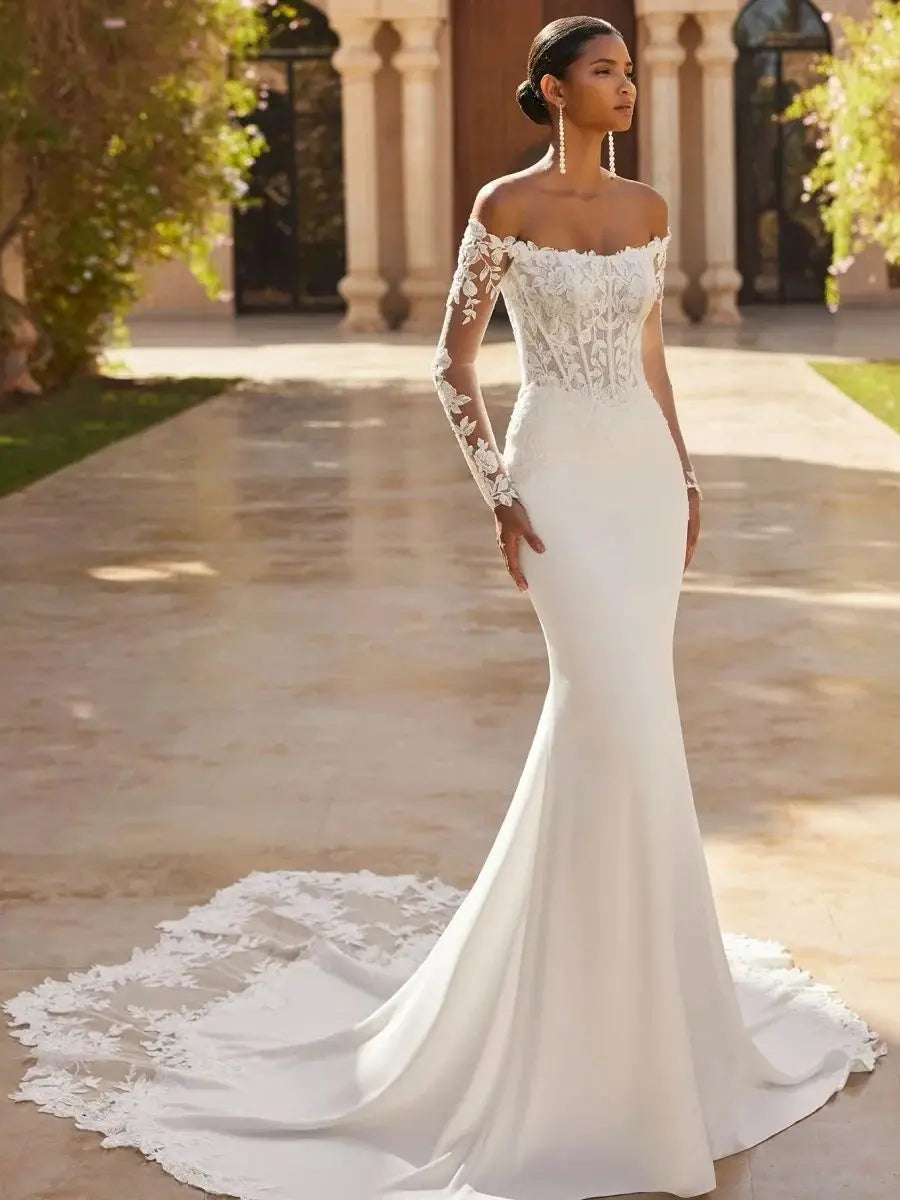 Gorgeous White Wedding Dresses Off Shoulder Full Sleeve Robes de Soriee with Lace Appliques Long Vestido De Noiva Customized