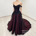 Gothic Wedding Dress Customized Off The Shoulder V Neck Flowers Applique Court Train Black Burgundy A Line Bridal Gown