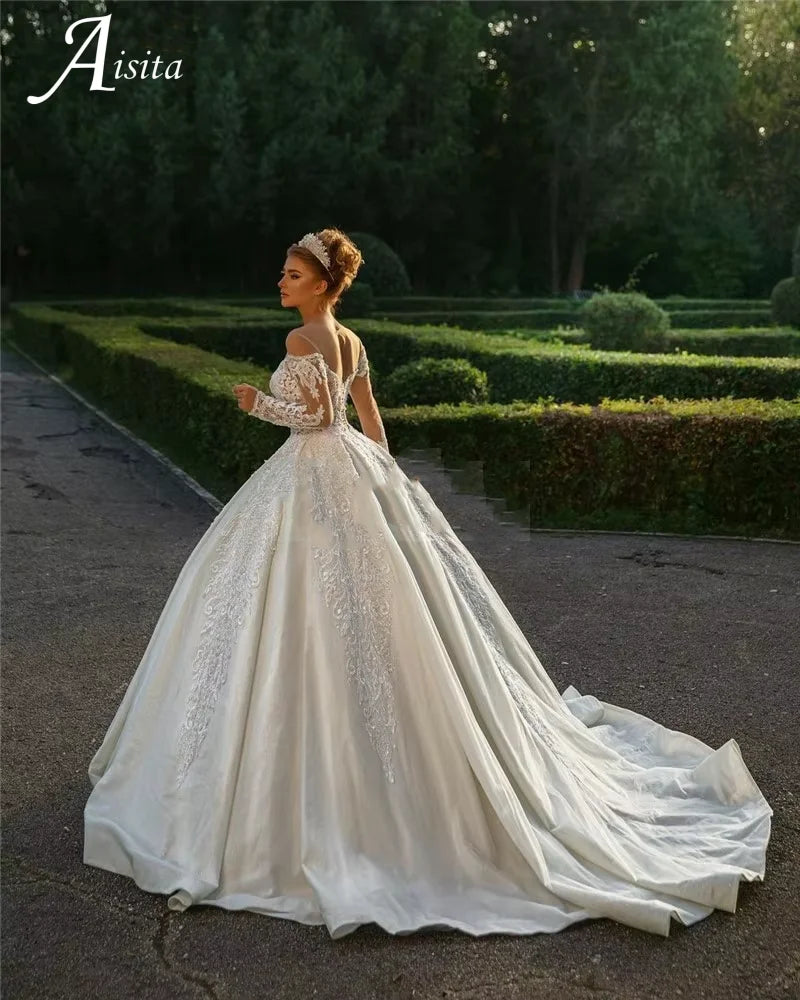 Sweetheart Long Sleeve Princess customized Wedding Dress Ball Gown Bride Dress vestidos de novia Off The Shoulder Bridal Gowns