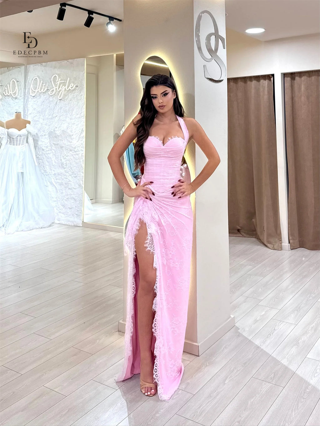 EDECPBM Pink Wedding Dresses for Parties Vestidos De Fiesta Lace Women Evening Dress فساتين سهرة Customized Mermaid Side Slit