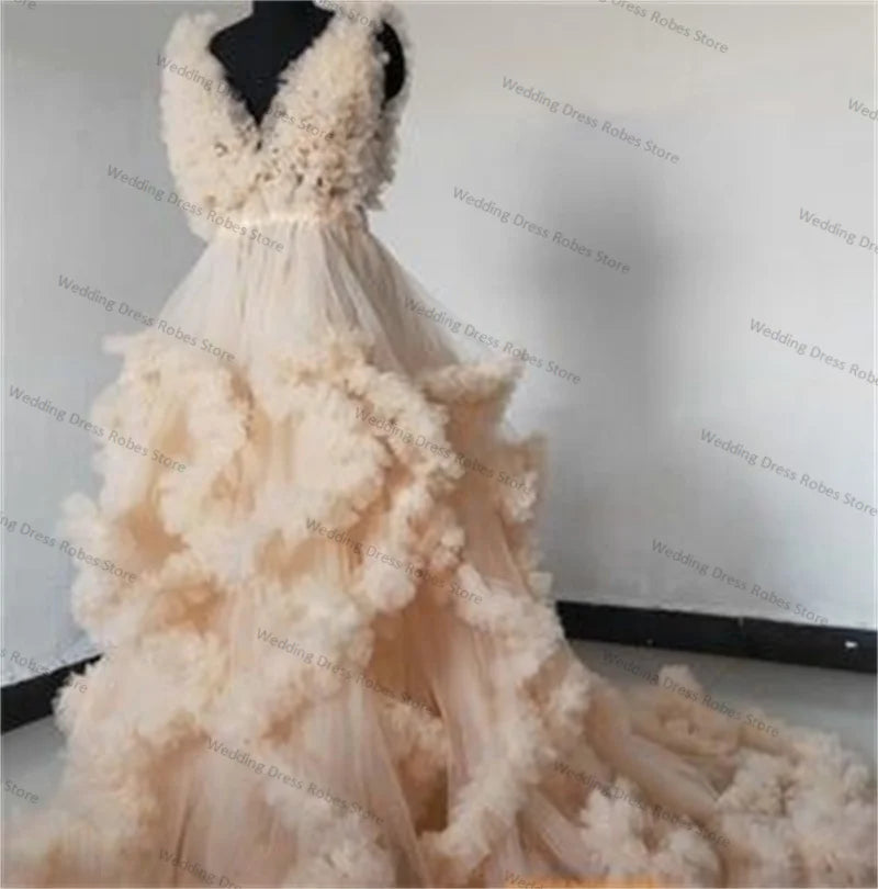 Luxury Wedding Maternity Dress Photography Full Sleeves Ruffles Tulle Bride Night Robe Wedding Party Prom Gowns Customized