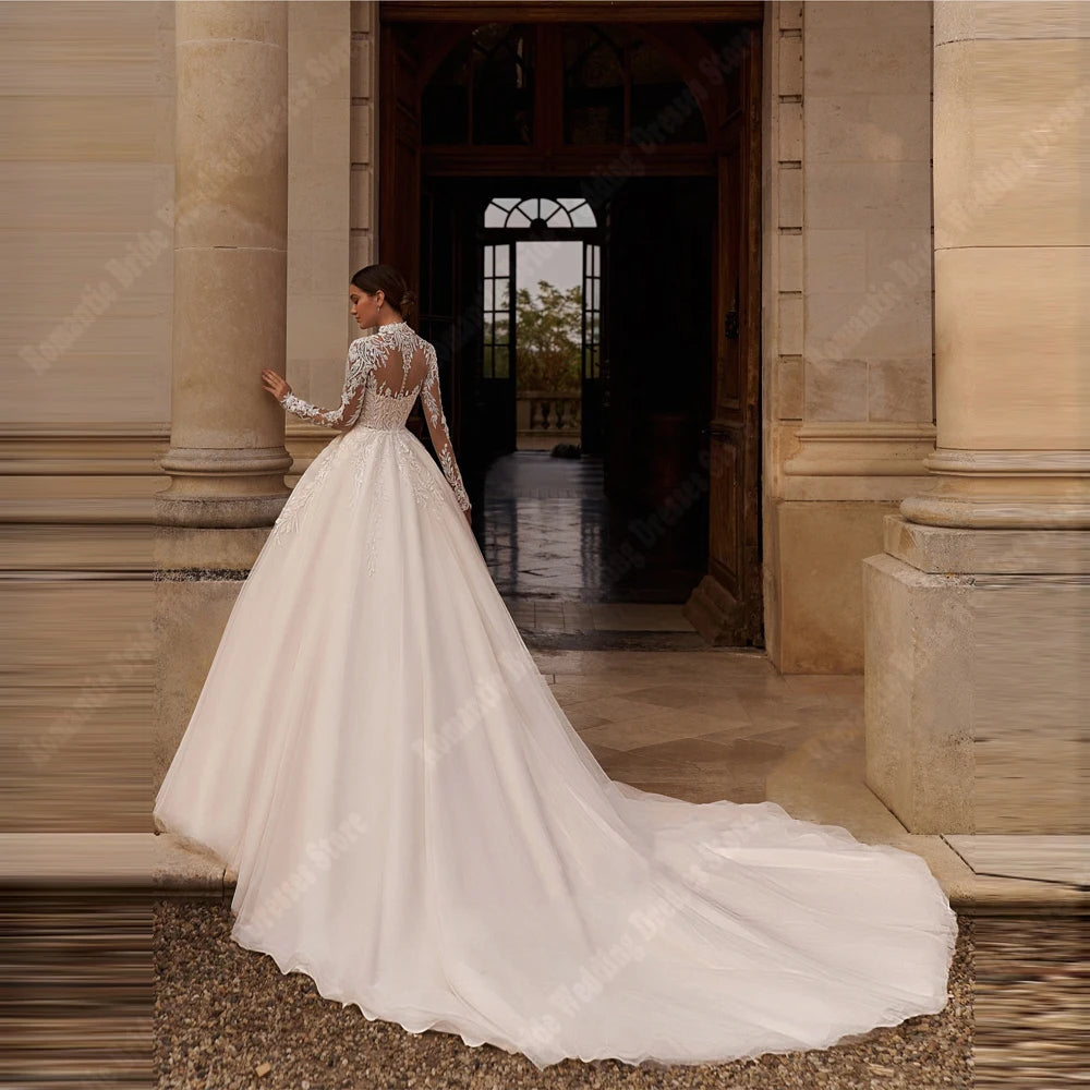 Elegant V-Neck Women Wedding Dresses Lace Long Sleeves Tulle Princess A-Line Bridal Gowns Engagement Banquet Vestidos De Novias