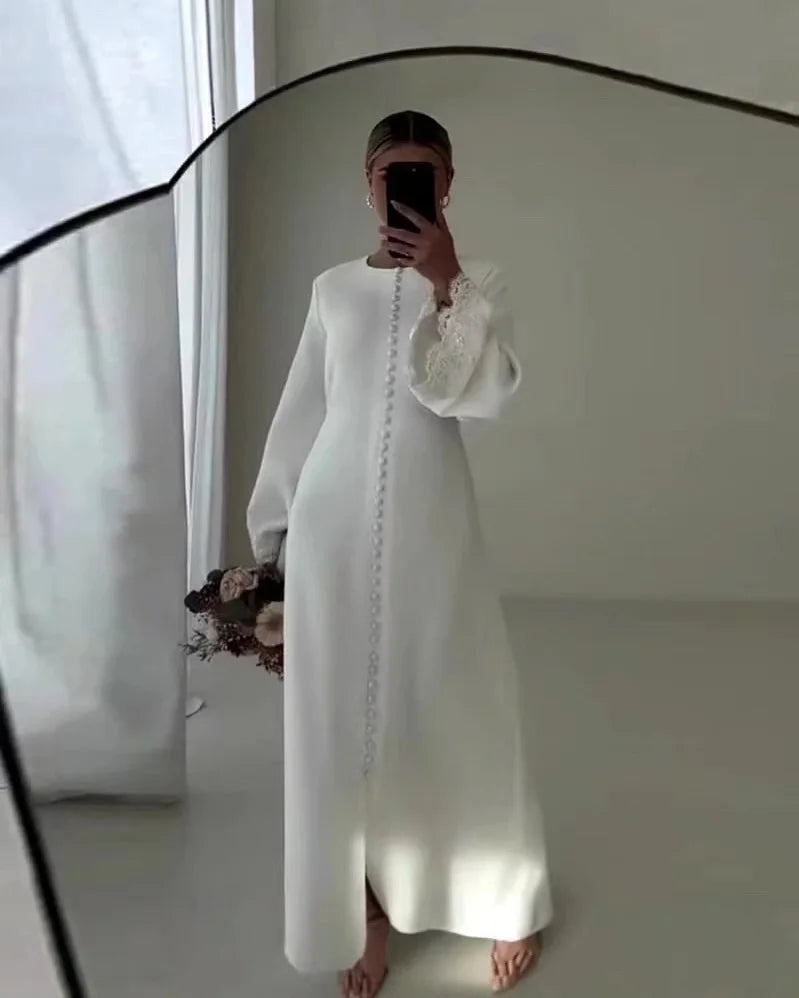Modest Wedding Dresses 2026 Luxury Slit Buttons Bridal Dress Customized Lace Long Sleeve Arab Bride Dress White Wedding Gowns