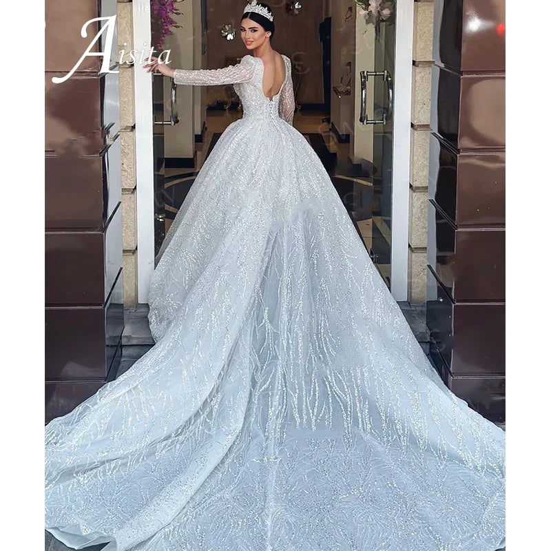 Wedding Dress With Embroidery Square Collar Sequins Princess Ball Gown Long Sleeve Backless Lace Up Customized Vestido De Novia