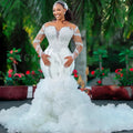African Wedding Dresses Plus Size Luxury Mermaid Crystal Beaded Illusion Sleeve Ruffle Train High Quality Bridal Gown Customized