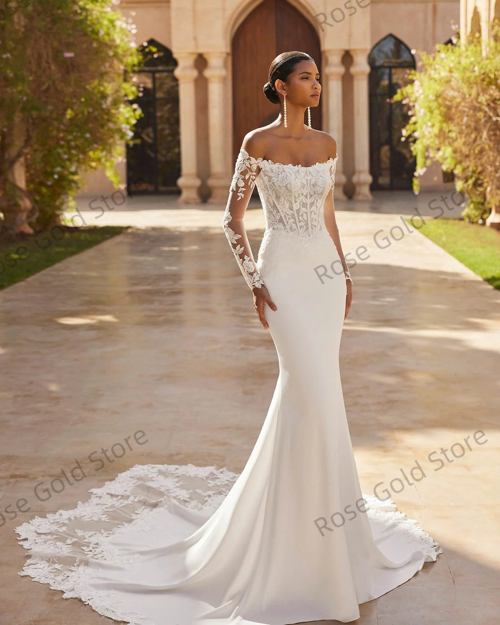 Gorgeous White Wedding Dresses Off Shoulder Full Sleeve Robes de Soriee with Lace Appliques Long Vestido De Noiva Customized