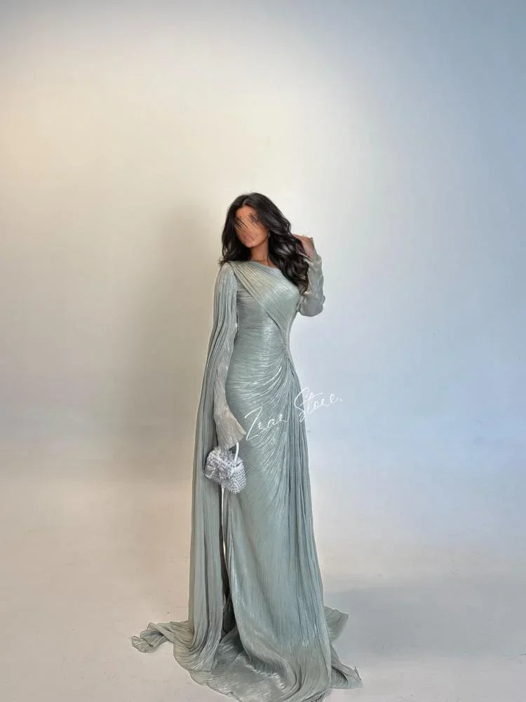 Verngo Green Shiny Formal Evening Dress O Neck Full Sleeves Formal Occasion Elegant Pleat Arabic Prom Gowns Customized