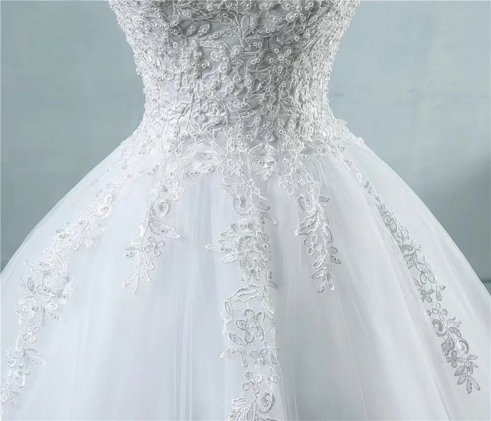 Customized Ball Gown Wedding Dresses Appliques Pearls Lace Up Tulle Bridal Gowns Elegant Formal Vestido De Noiva robe de mariée