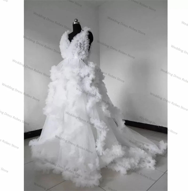 Luxury Wedding Maternity Dress Photography Full Sleeves Ruffles Tulle Bride Night Robe Wedding Party Prom Gowns Customized