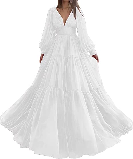 Bridalaffair Pleat Tulle Princess Prom Gown V-Neck Long Puff Sleeve Plus Size Evening Gown Elegant Dress Women for Wedding Party