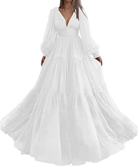 Bridalaffair Pleat Tulle Princess Prom Gown V-Neck Long Puff Sleeve Plus Size Evening Gown Elegant Dress Women for Wedding Party