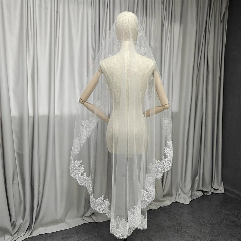 Customized Short Mantilla Wedding Veil with Eyelash Lace, 1m/1.5m/2m Short/Medium Length Veil with Hidden Comb, Single Tier Veil