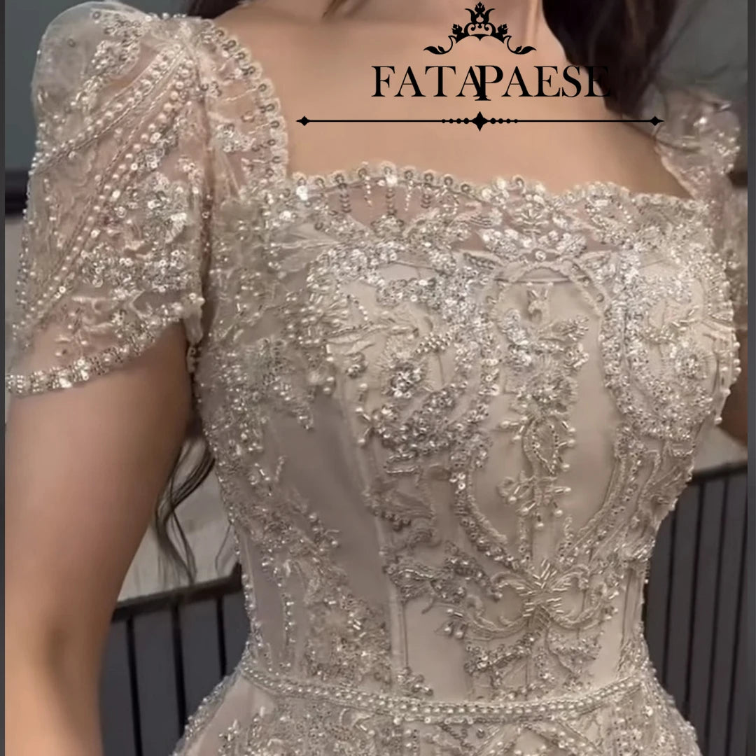 Plus Size Vows Customized Bridesmaid Full Beaded Sequins Stones Bodice Short Sleeve A-line Maxi Gown Wedding Engagement Dresses