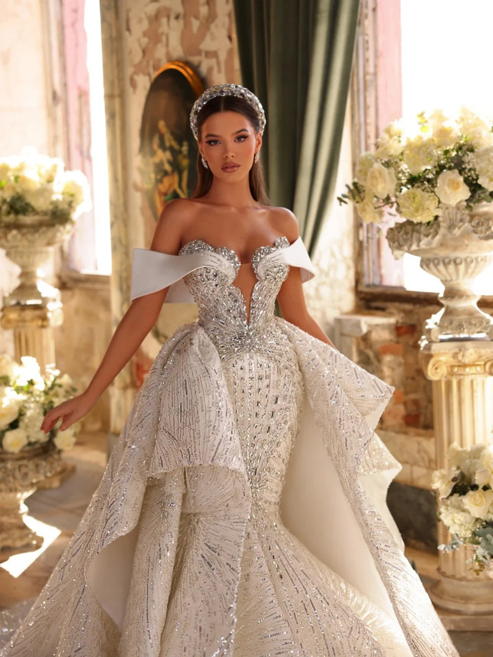 New Arrival Silver Crystal Wedding Dress Dreamy Floor-length Mermaid Bridal Gown Customized Off Shoulder Dresses For Bride