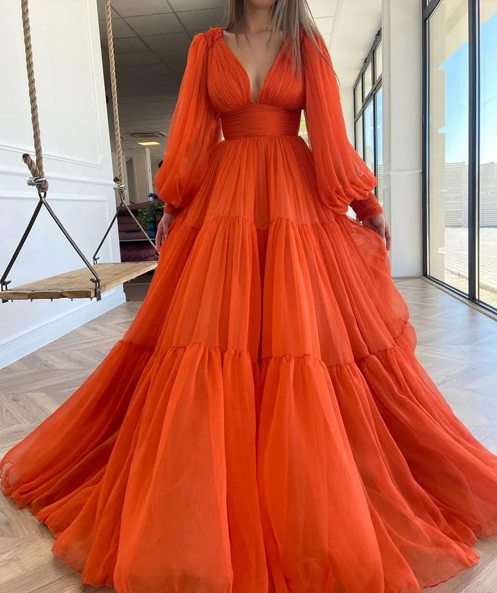Bridalaffair Pleat Tulle Princess Prom Gown V-Neck Long Puff Sleeve Plus Size Evening Gown Elegant Dress Women for Wedding Party