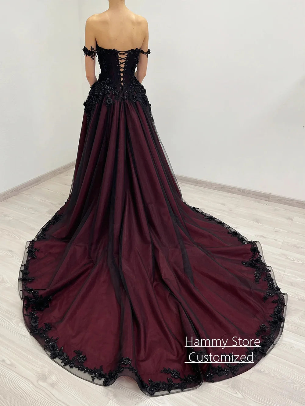 Gothic Wedding Dress Customized Off The Shoulder V Neck Flowers Applique Court Train Black Burgundy A Line Bridal Gown