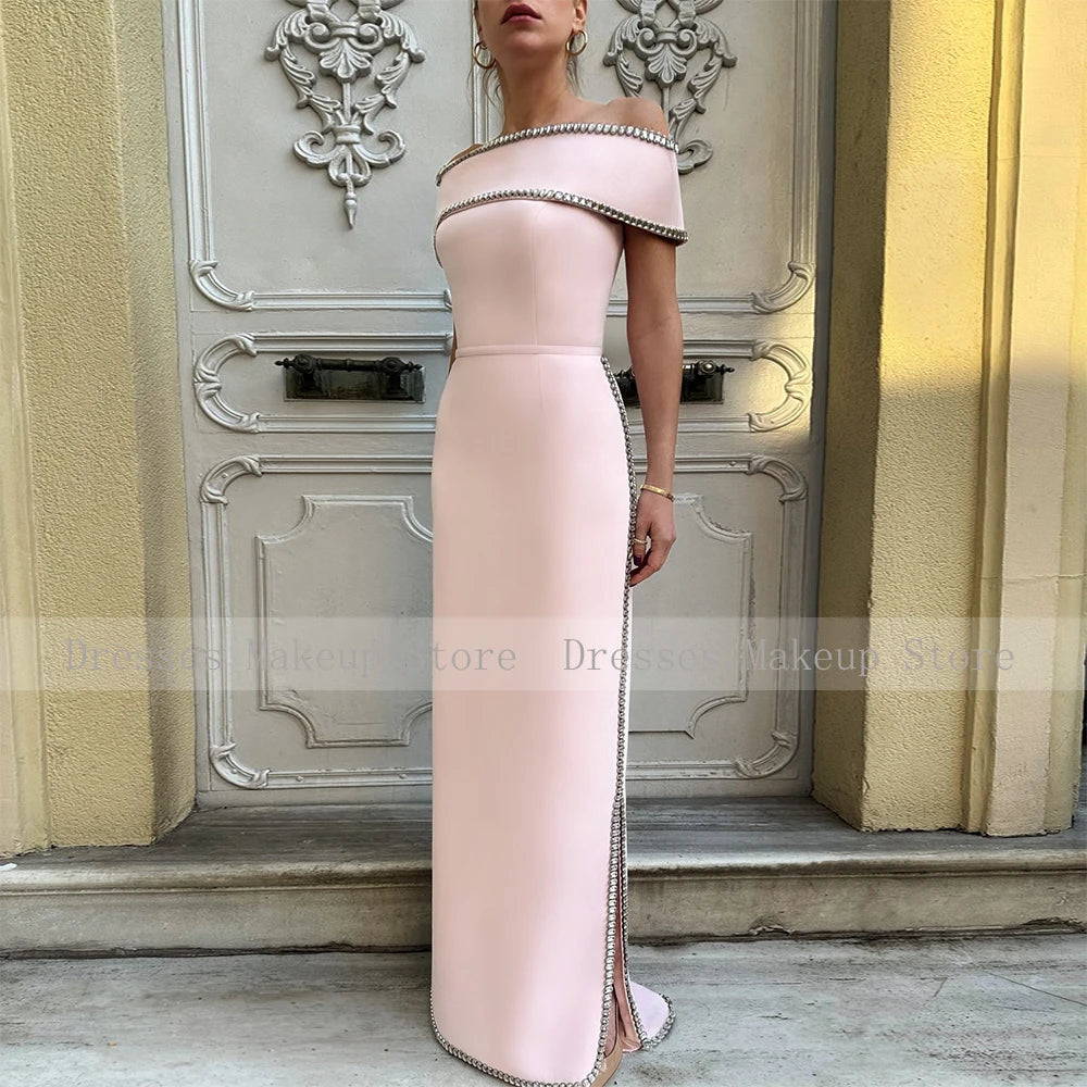 Customized Wedding Party Dresses for Women Off the Shoulder Column Formal Gowns Long Crystal Belt Side Slit Satin Prom Dress