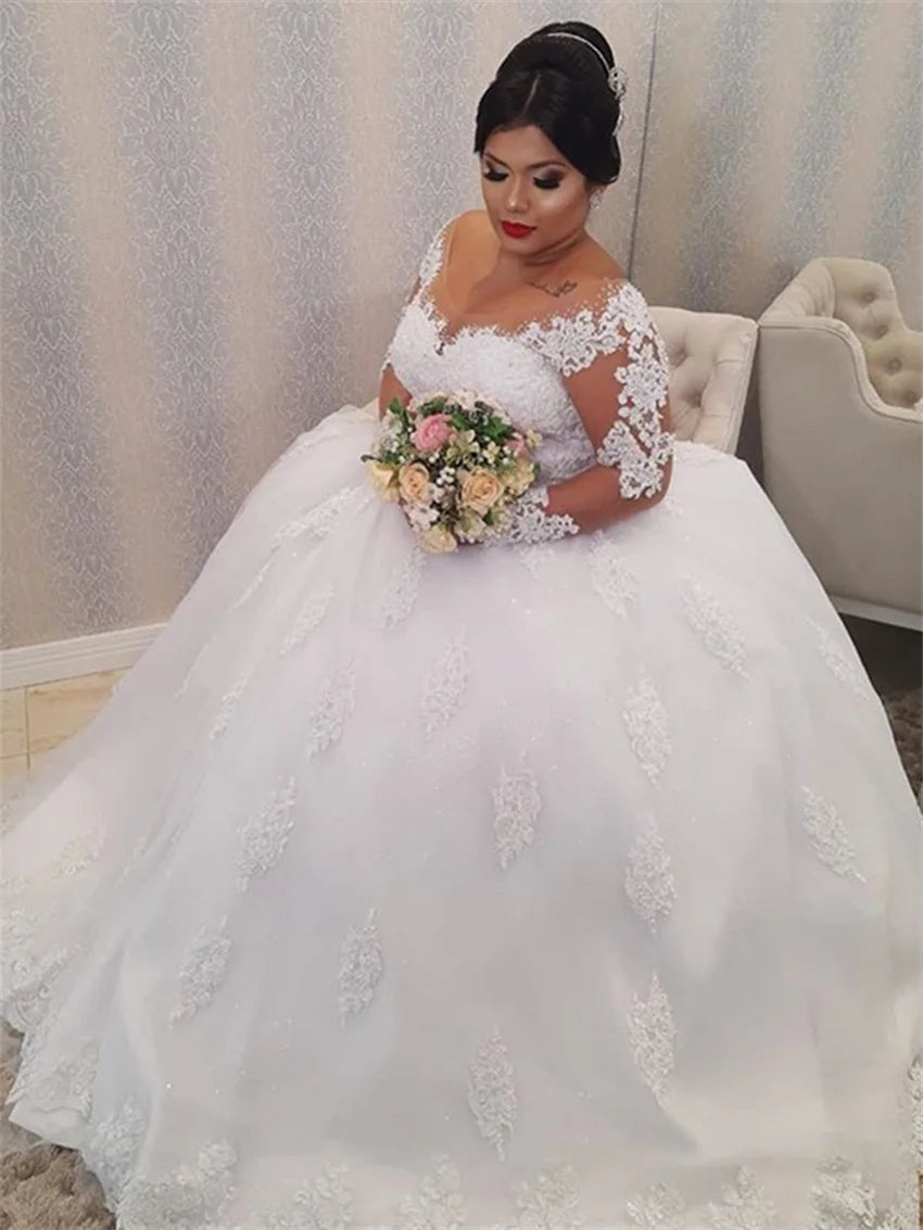vestido de casamento Wedding Dress Plus Size Illusion Long Sleeve Pearls Beading Appliques White Bridal Gowns vestido de noiva