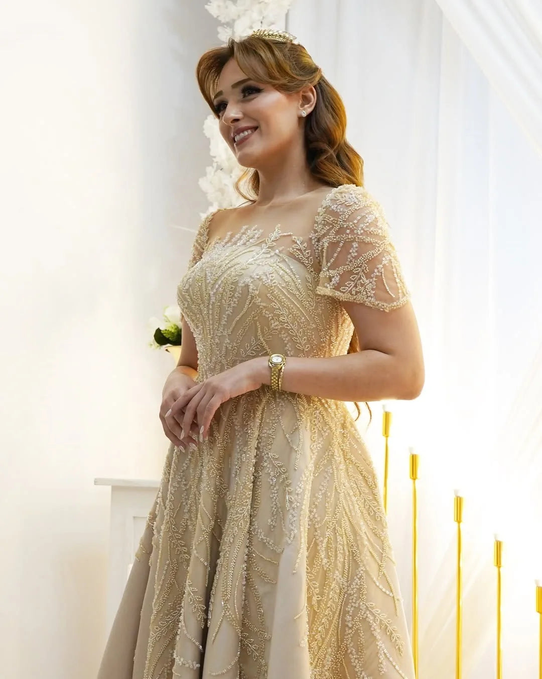 Plus Size Vows Customized Bridesmaid Full Beaded Sequins Stones Bodice Short Sleeve A-line Maxi Gown Wedding Engagement Dresses