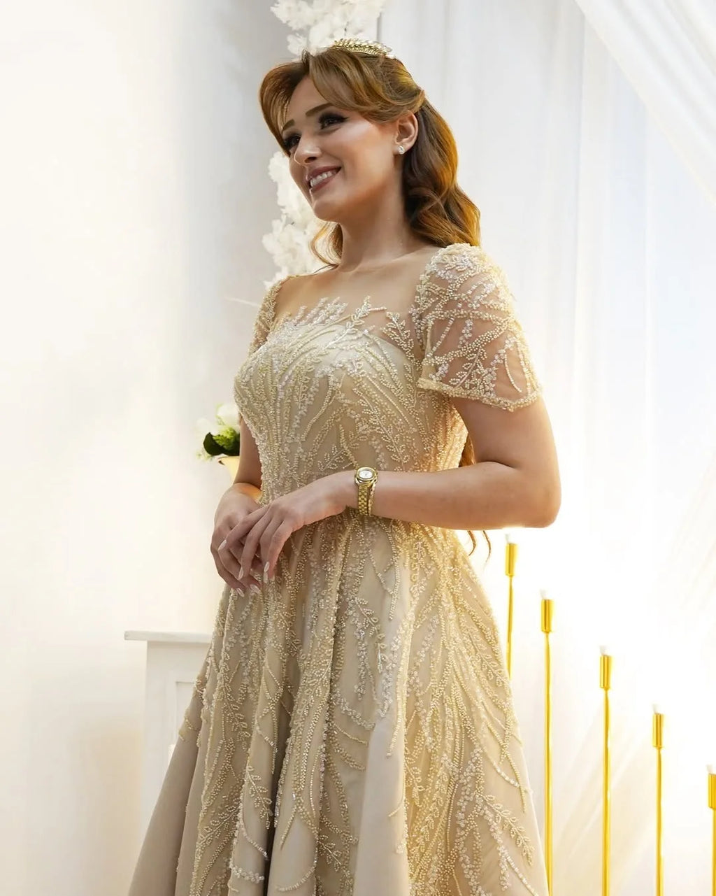 Plus Size Vows Customized Bridesmaid Full Beaded Sequins Stones Bodice Short Sleeve A-line Maxi Gown Wedding Engagement Dresses