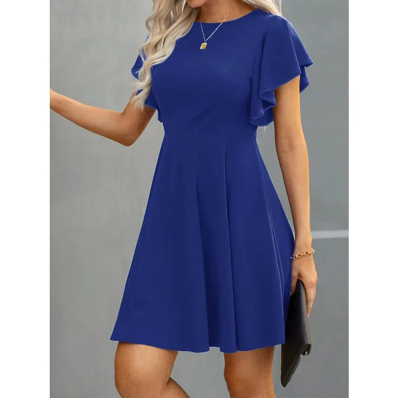 Plus Size Elegant Cocktail Women's Party Dresses Spring Summer Floral Ruffle Sleeve Crew Neck High Waist Flowy A Line Mini Dress
