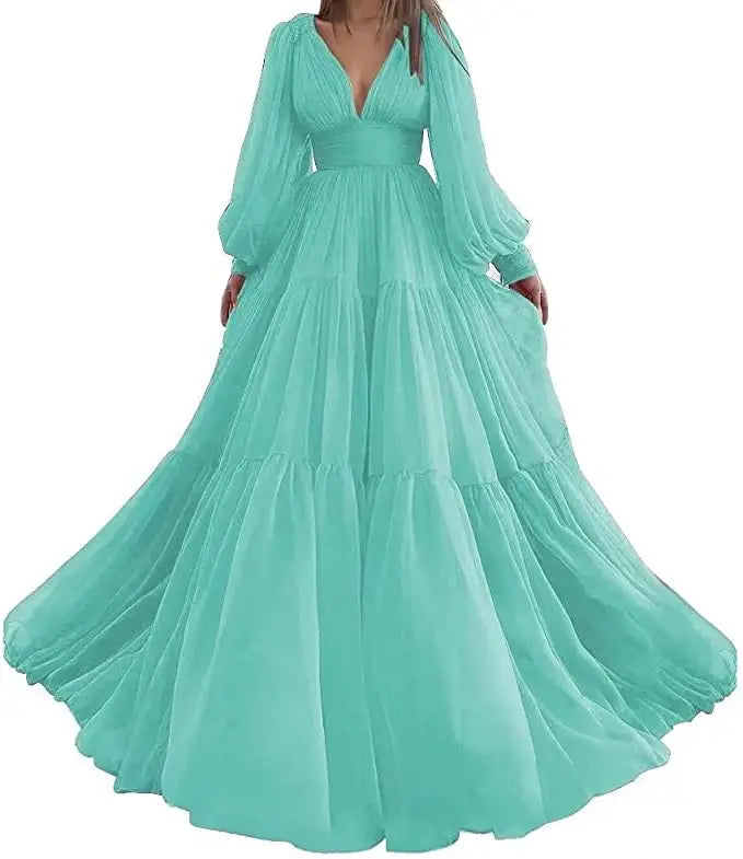 Bridalaffair Pleat Tulle Princess Prom Gown V-Neck Long Puff Sleeve Plus Size Evening Gown Elegant Dress Women for Wedding Party