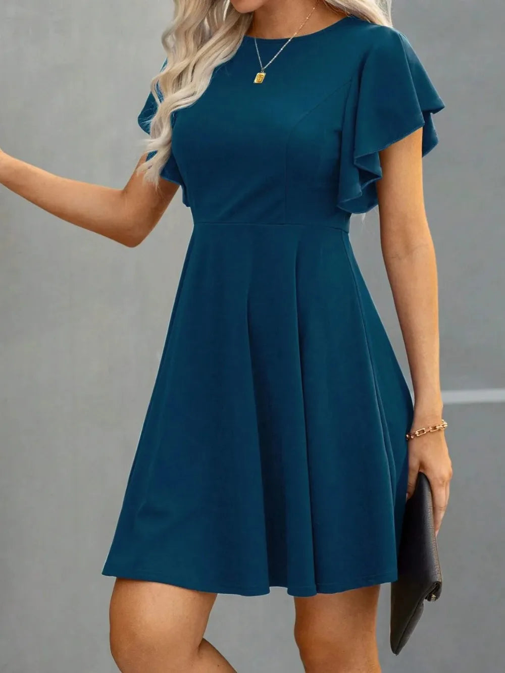 Plus Size Elegant Cocktail Women's Party Dresses Spring Summer Floral Ruffle Sleeve Crew Neck High Waist Flowy A Line Mini Dress
