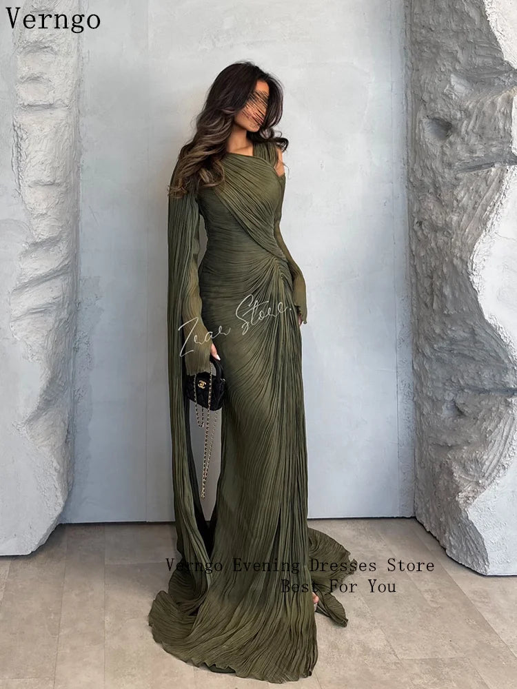 Verngo Green Shiny Formal Evening Dress O Neck Full Sleeves Formal Occasion Elegant Pleat Arabic Prom Gowns Customized