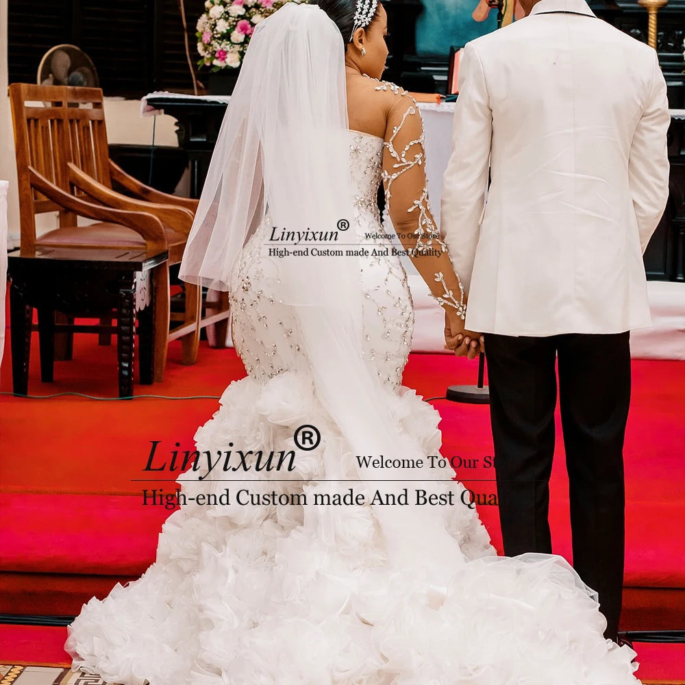 Luxury Crystal Wedding Dresses for Woman Full Sleeves Tulle Pleats Mermaid Bridal Gowns Customized Glitter vestidos de novia