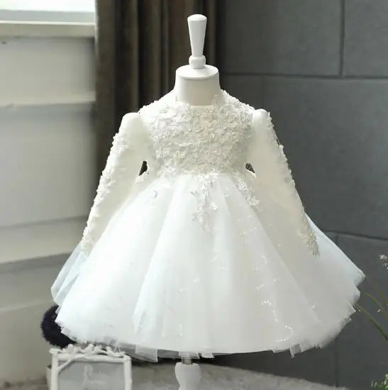Baby Girl Wedding Dress Long Sleeve Newborn Girls Christmas Princess Gowns Beads Lace Infant Kids 1 Year Birthday Baptism Dress