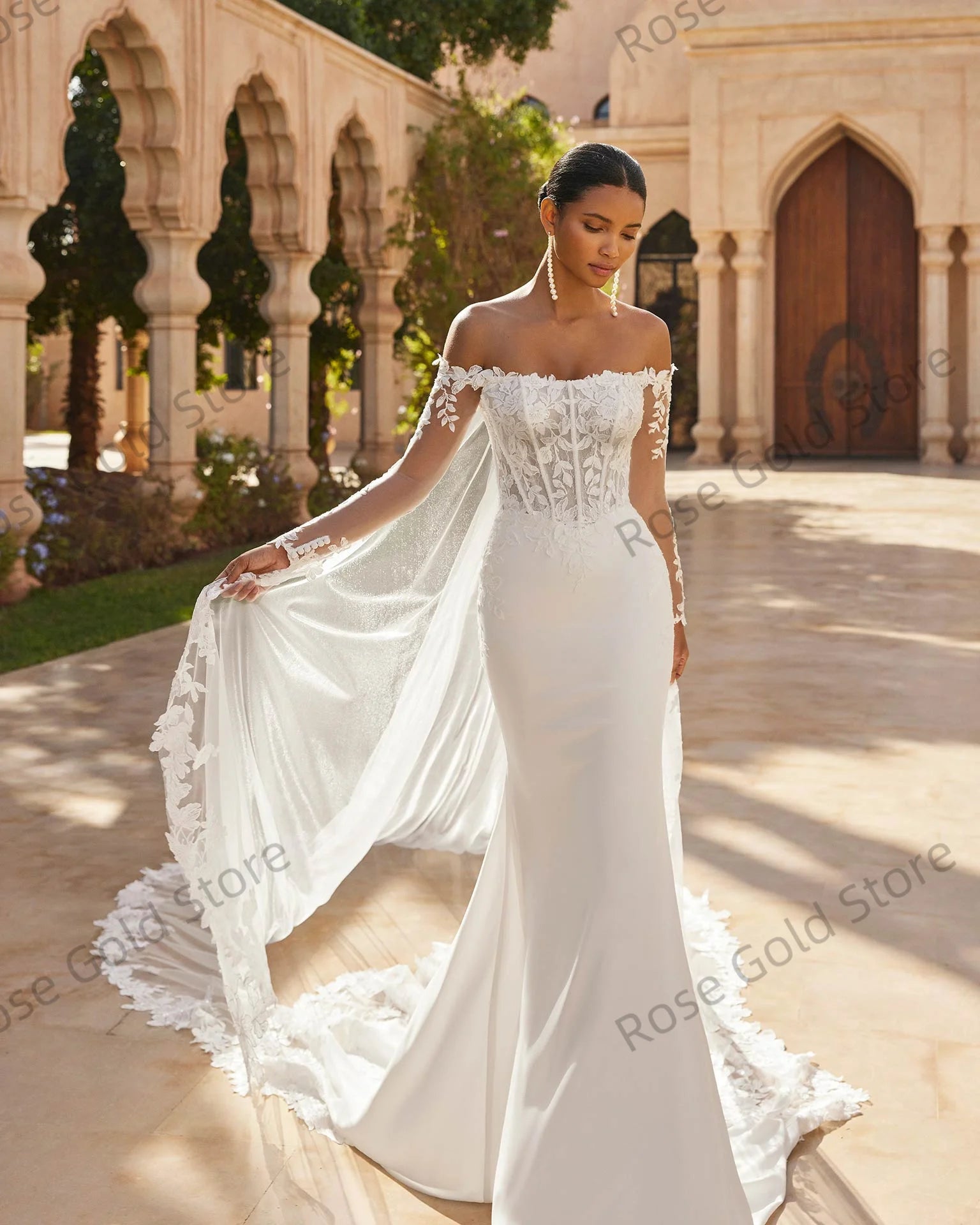 Gorgeous White Wedding Dresses Off Shoulder Full Sleeve Robes de Soriee with Lace Appliques Long Vestido De Noiva Customized