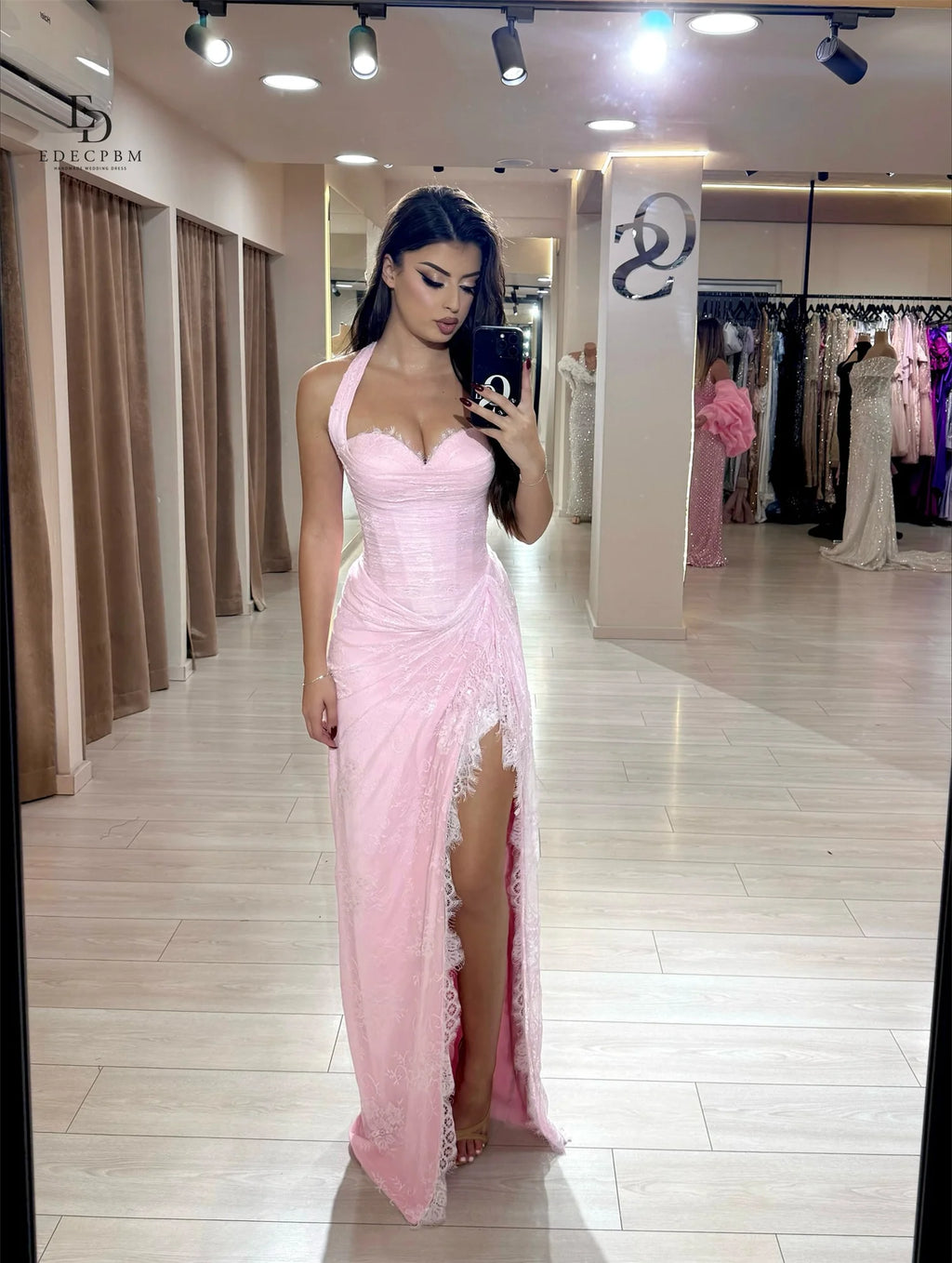 EDECPBM Pink Wedding Dresses for Parties Vestidos De Fiesta Lace Women Evening Dress فساتين سهرة Customized Mermaid Side Slit