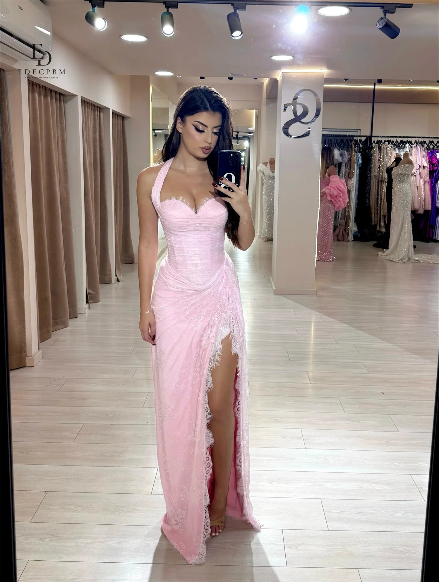 EDECPBM Pink Wedding Dresses for Parties Vestidos De Fiesta Lace Women Evening Dress فساتين سهرة Customized Mermaid Side Slit
