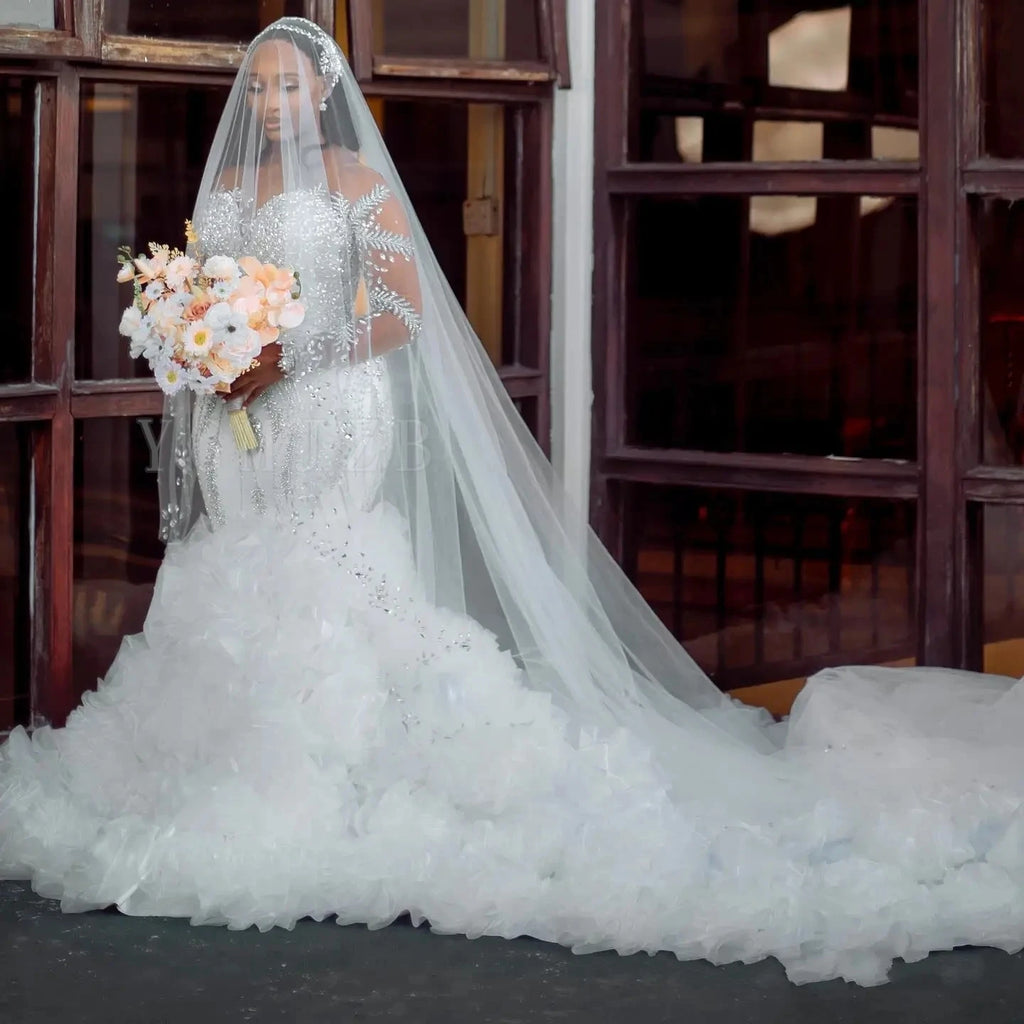 African Wedding Dresses Plus Size Luxury Mermaid Crystal Beaded Illusion Sleeve Ruffle Train High Quality Bridal Gown Customized
