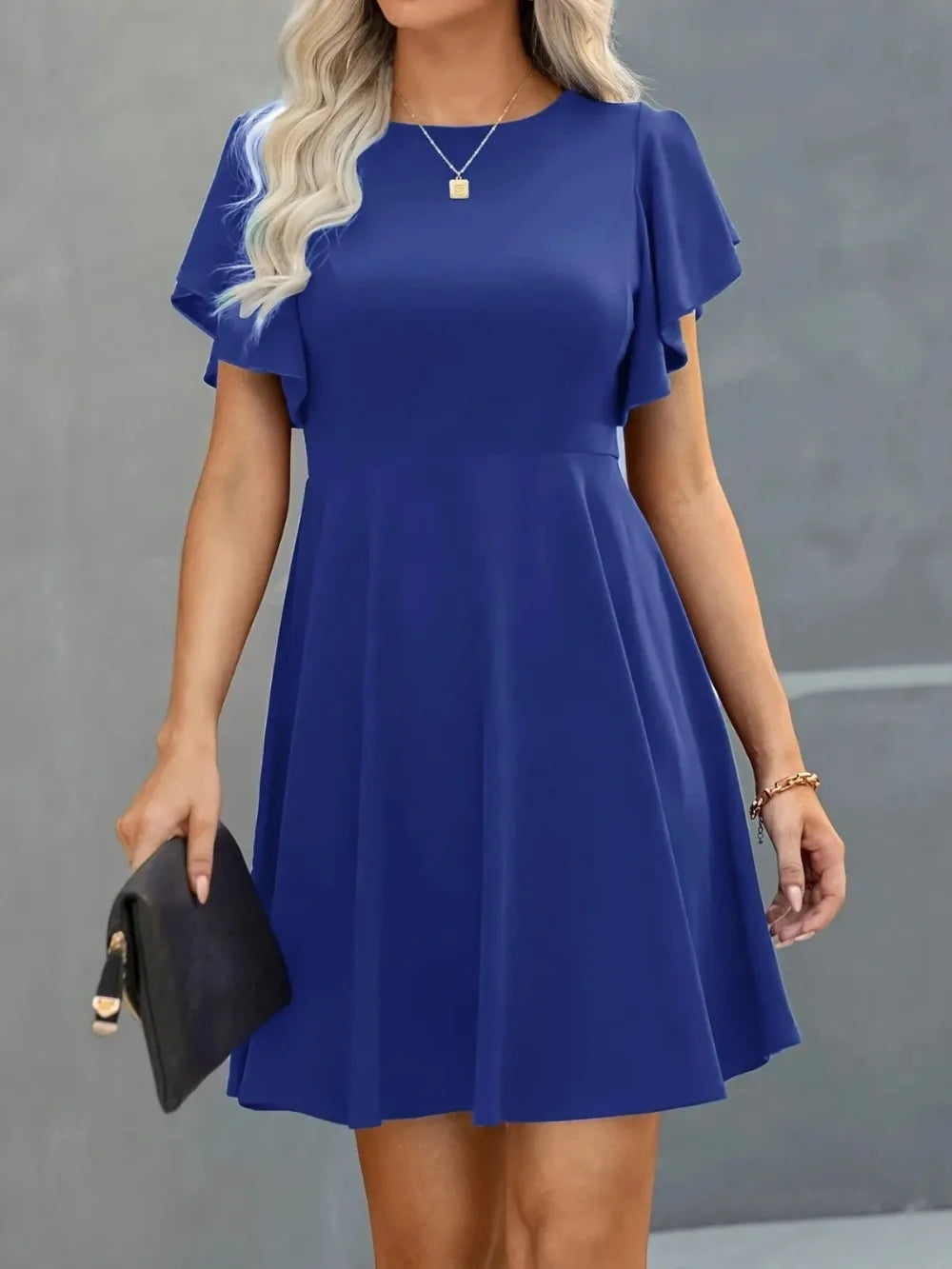 Plus Size Elegant Cocktail Women's Party Dresses Spring Summer Floral Ruffle Sleeve Crew Neck High Waist Flowy A Line Mini Dress