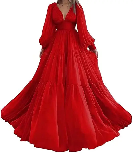 Bridalaffair Pleat Tulle Princess Prom Gown V-Neck Long Puff Sleeve Plus Size Evening Gown Elegant Dress Women for Wedding Party