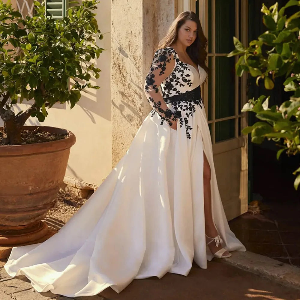 Gorgeous Plus Size Wedding Dress Black Applique Customized V Neck Long Sleeves Sweep Train Vestidos De Novia Bridal Gown